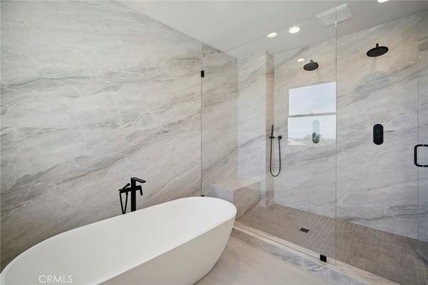 Bathroom, Free Standing Baths, Glass Shower, Interior, Marble Walls, Recessed Lighting