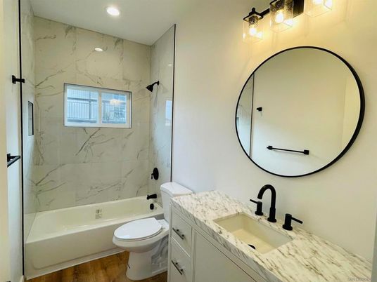Bathroom, Interior, Marble Walls, Recessed Lighting, Wood Texture Flooring