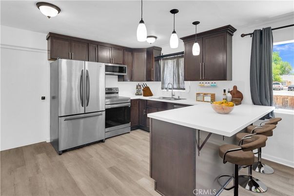 Interior, Kitchen, Pendant Lights, Stainless Steel Appliances, Wood Texture Flooring