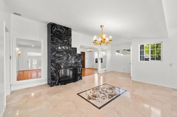 Chandelier, Empty room, Fireplace, Interior, Marble Walls, Recessed Lighting