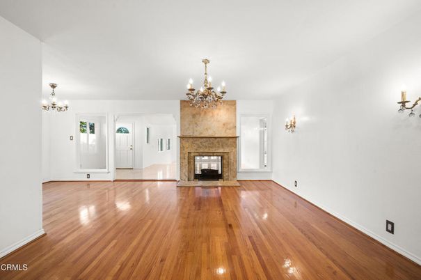 Chandelier, Empty room, Fireplace, Interior, Wood Texture Flooring