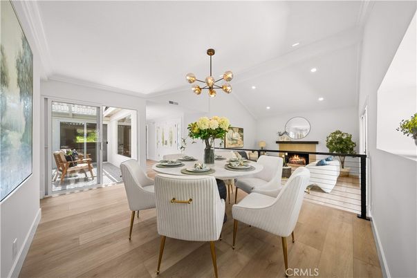 Dining room, Interior, Pendant Lights, Recessed Lighting, Wood Texture Flooring
