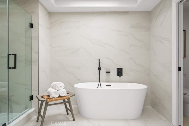 Bathroom, Free Standing Baths, Glass Shower, Interior, Marble, Marble Walls