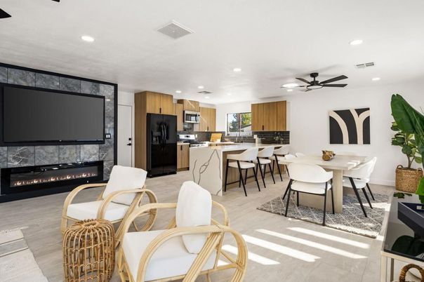Dining room, Fireplace, Interior, Kitchen, Recessed Lighting