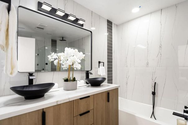 Bathroom, Dual Sink Vanities, Interior, Marble Walls, Recessed Lighting