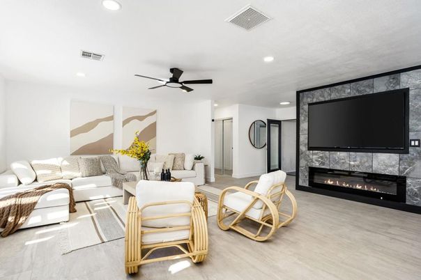 Fireplace, Interior, Living room, Recessed Lighting, Wood Texture Flooring