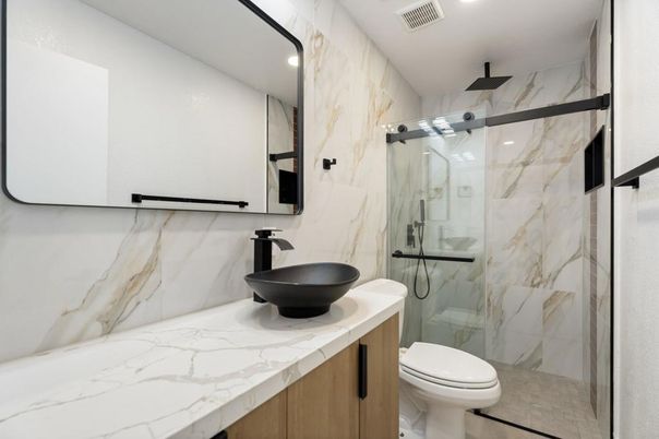 Bathroom, Glass Shower, Interior, Marble Walls, Recessed Lighting