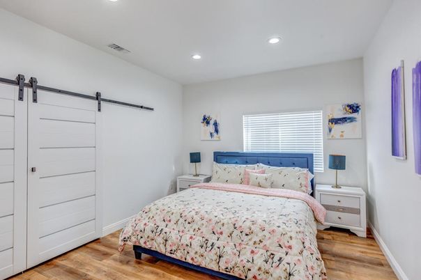 Bedroom, Interior, Recessed Lighting, Wood Texture Flooring