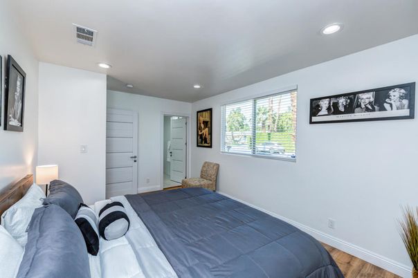 Bedroom, Interior, Recessed Lighting, Wood Texture Flooring