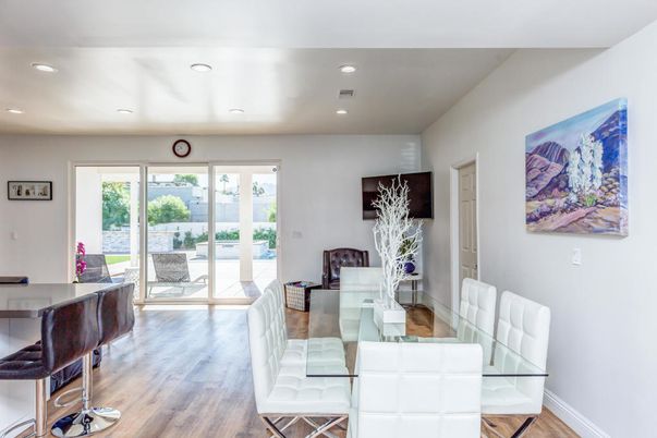 Dining room, Interior, Recessed Lighting, Wood Texture Flooring