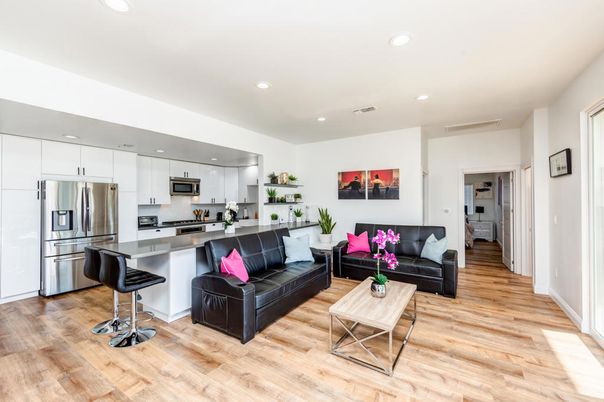 Interior, Kitchen, Living room, Recessed Lighting, Stainless Steel Appliances, Wood Texture Flooring