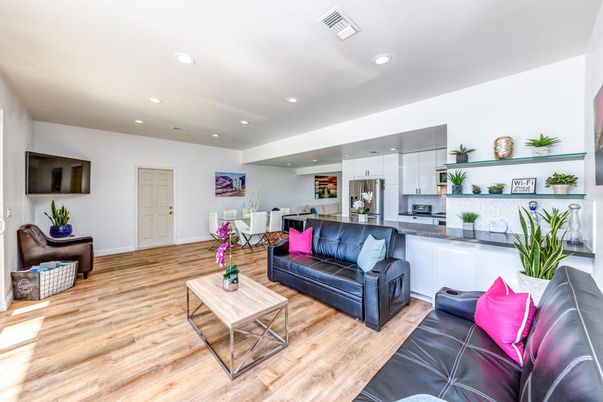 Dining room, Interior, Kitchen, Living room, Recessed Lighting, Stainless Steel Appliances, Wood Texture Flooring
