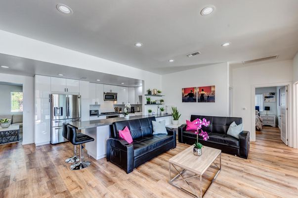 Interior, Kitchen, Living room, Recessed Lighting, Stainless Steel Appliances, Wood Texture Flooring