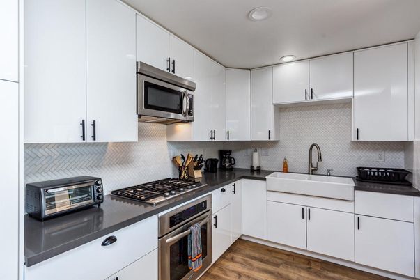 Interior, Kitchen, Recessed Lighting, Stainless Steel Appliances, Wood Texture Flooring