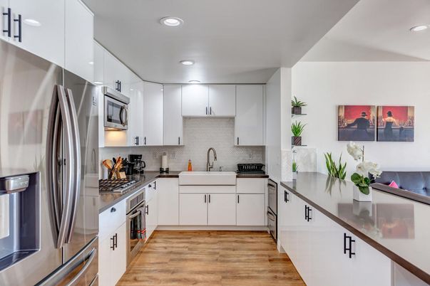 Interior, Kitchen, Recessed Lighting, Stainless Steel Appliances, Wood Texture Flooring