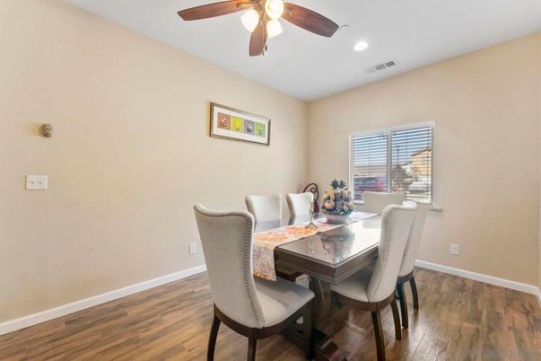 Dining room, Interior, Recessed Lighting, Wood Texture Flooring