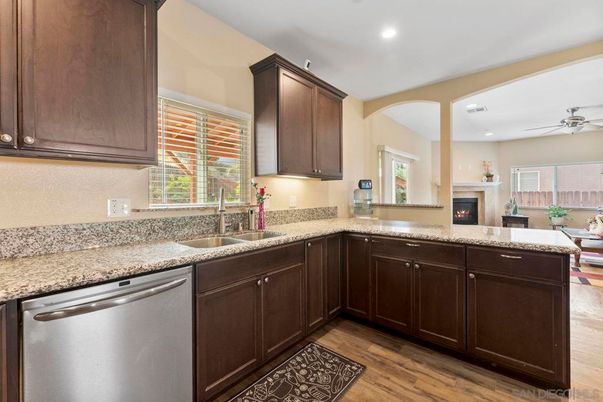 Fireplace, Interior, Kitchen, Recessed Lighting, Wood Texture Flooring