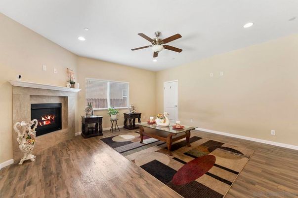 Fireplace, Interior, Living room, Recessed Lighting, Wood Texture Flooring