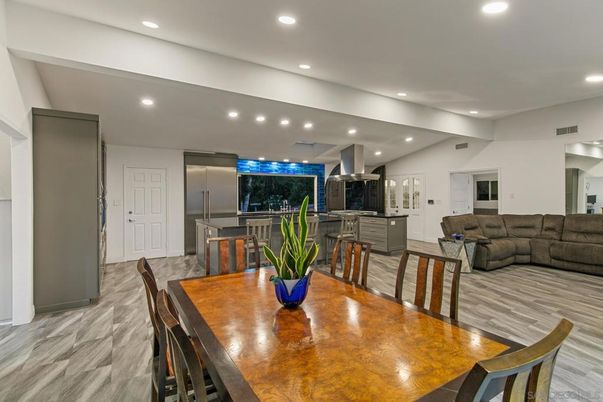Dining room, Interior, Kitchen, Living room, Recessed Lighting, Stainless Steel Appliances, Wood Texture Flooring