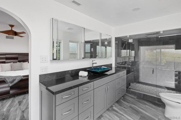 Bathroom, Dual Sink Vanities, Glass Shower, Interior, Wood Texture Flooring