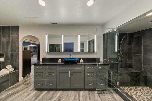 Bathroom, Glass Shower, Interior, Recessed Lighting, Wood Texture Flooring