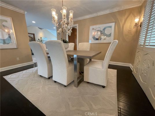 Chandelier, Dining room, Interior, Recessed Lighting, Wood Texture Flooring