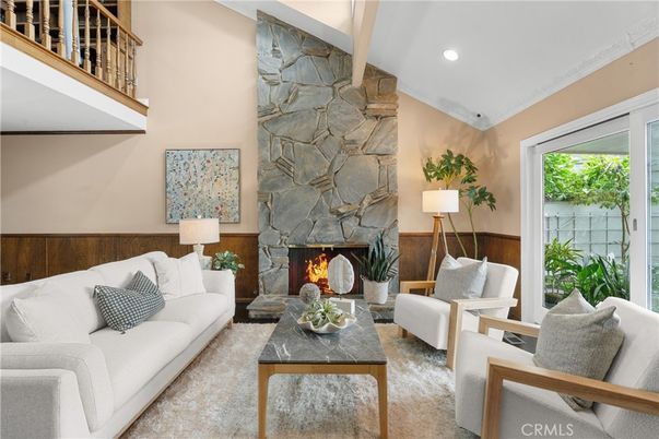 Fireplace, Interior, Living room, Recessed Lighting, Stone Walls