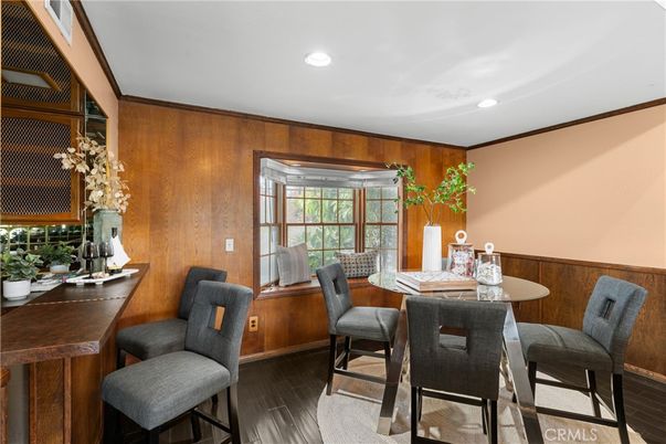 Dining room, Interior, Recessed Lighting, Wood Texture Flooring, Wooden Walls