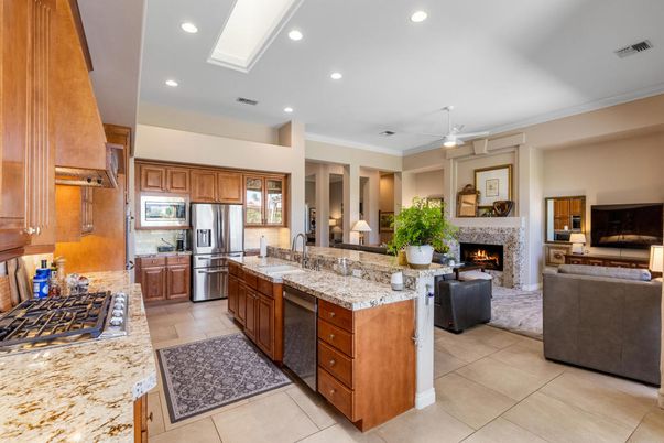 Fireplace, Interior, Kitchen, Living room, Recessed Lighting, Stainless Steel Appliances