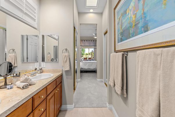 Bathroom, Bedroom, Dual Sink Vanities, Interior, Recessed Lighting, Wood Texture Flooring