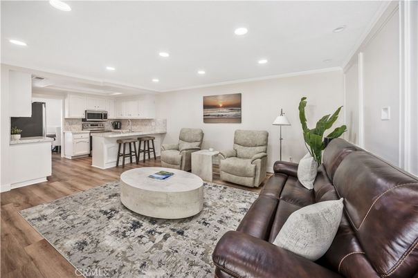 Interior, Kitchen, Living room, Recessed Lighting, Stainless Steel Appliances, Wood Texture Flooring
