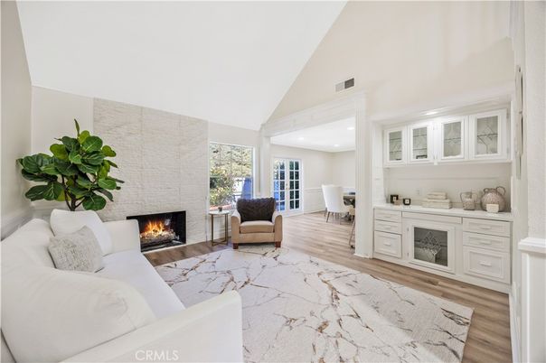 Fireplace, Interior, Living room, Recessed Lighting, Wood Texture Flooring
