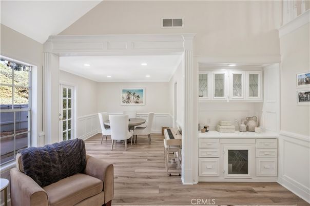 Dining room, Interior, Recessed Lighting, Wood Texture Flooring