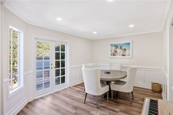 Dining room, Interior, Recessed Lighting, Wood Texture Flooring