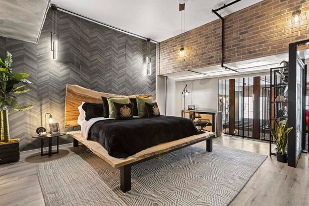 Bedroom, Interior, Pendant Lights, Stone Walls, Wood Texture Flooring