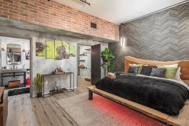 Bedroom, Interior, Stone Walls, Wood Texture Flooring