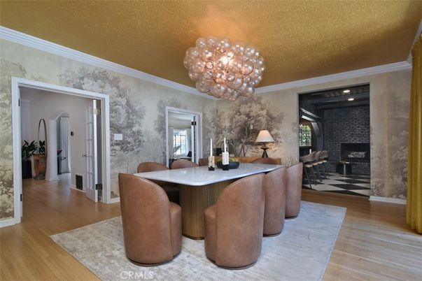 Chandelier, Dining room, Fireplace, Interior, Stone Walls, Wood Texture Flooring