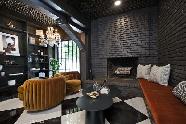 Chandelier, Fireplace, Interior, Living room, Recessed Lighting, Stone Walls