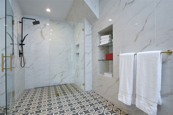Bathroom, Glass Shower, Interior, Marble Walls, Recessed Lighting