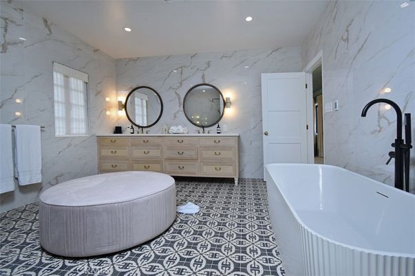 Bathroom, Dual Sink Vanities, Free Standing Baths, Interior, Marble Walls, Recessed Lighting