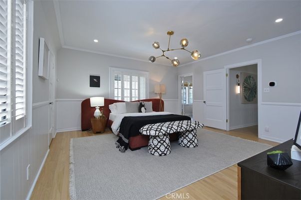 Bedroom, Interior, Pendant Lights, Recessed Lighting, Wood Texture Flooring