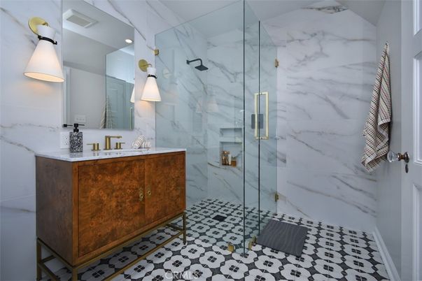 Bathroom, Glass Shower, Interior, Marble Walls, Recessed Lighting
