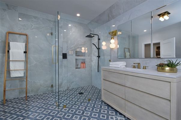 Bathroom, Glass Shower, Interior, Marble Walls, Recessed Lighting
