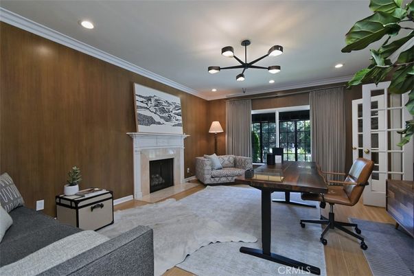 Fireplace, Home Office, Interior, Pendant Lights, Recessed Lighting, Wood Texture Flooring, Wooden Walls
