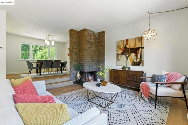 Dining room, Fireplace, Interior, Living room, Pendant Lights, Wood Texture Flooring