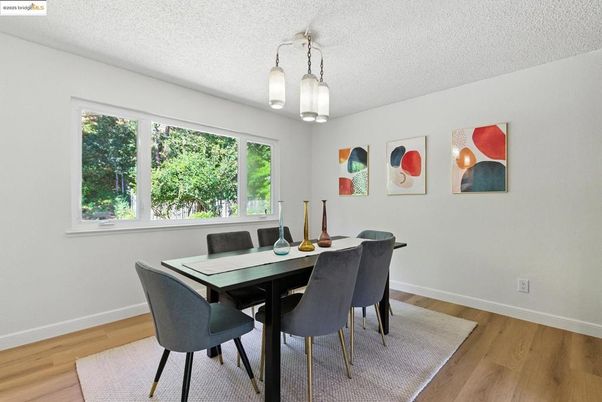 Dining room, Interior, Pendant Lights, Wood Texture Flooring