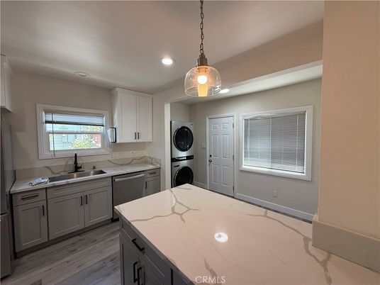 Interior, Kitchen, Pendant Lights, Recessed Lighting, Washer, Wood Texture Flooring