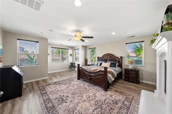 Bedroom, Fireplace, Interior, Recessed Lighting, Wood Texture Flooring