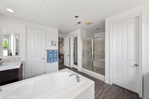 Bathroom, Glass Shower, Interior, Recessed Lighting, Wood Texture Flooring