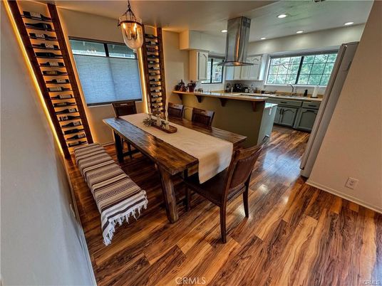 Dining room, Interior, Kitchen, Pendant Lights, Recessed Lighting, Wood Texture Flooring